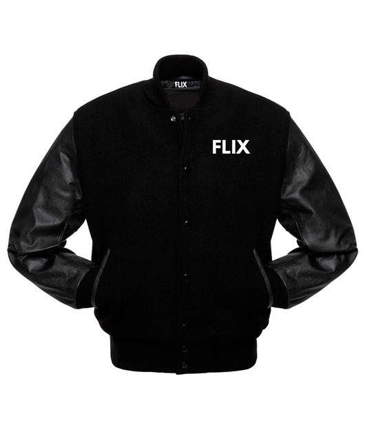 FLIX's Black Varsity Jacket with Leather Sleeves