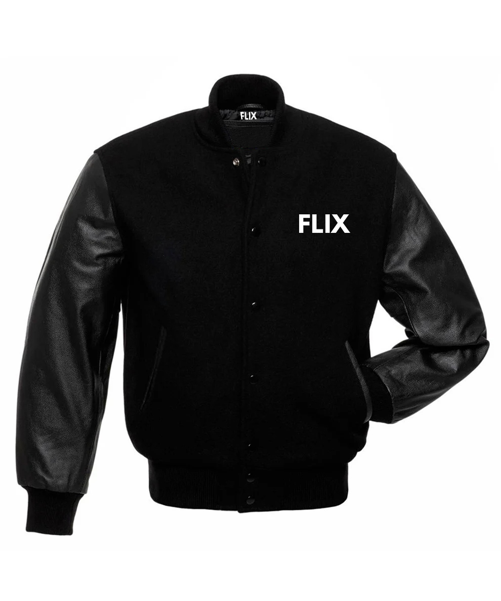 FLIX's Black Varsity Jacket with Leather Sleeves