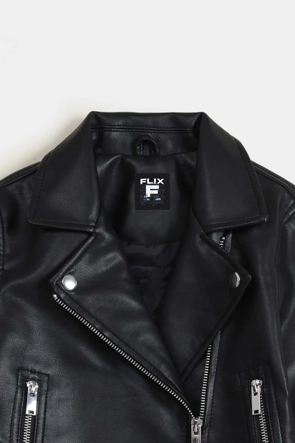 FLIX's Classic Black Faux Leather Biker Jacket – Moto Style with Zipper Details