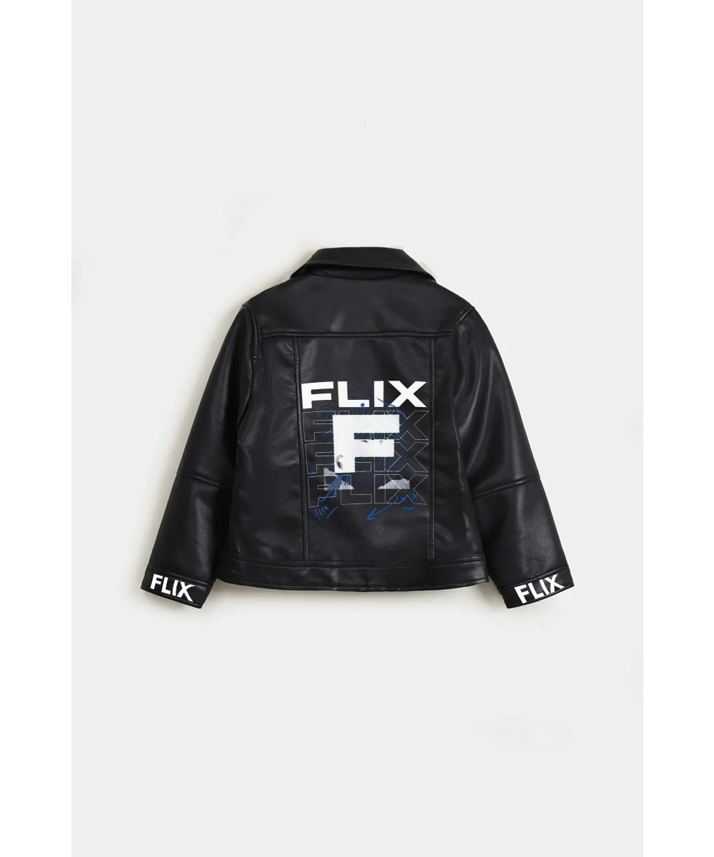 FLIX's Classic Black Faux Leather Biker Jacket – Moto Style with Zipper Details