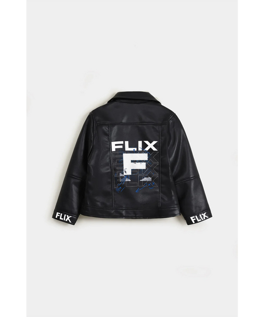 FLIX's Classic Black Faux Leather Biker Jacket – Moto Style with Zipper Details