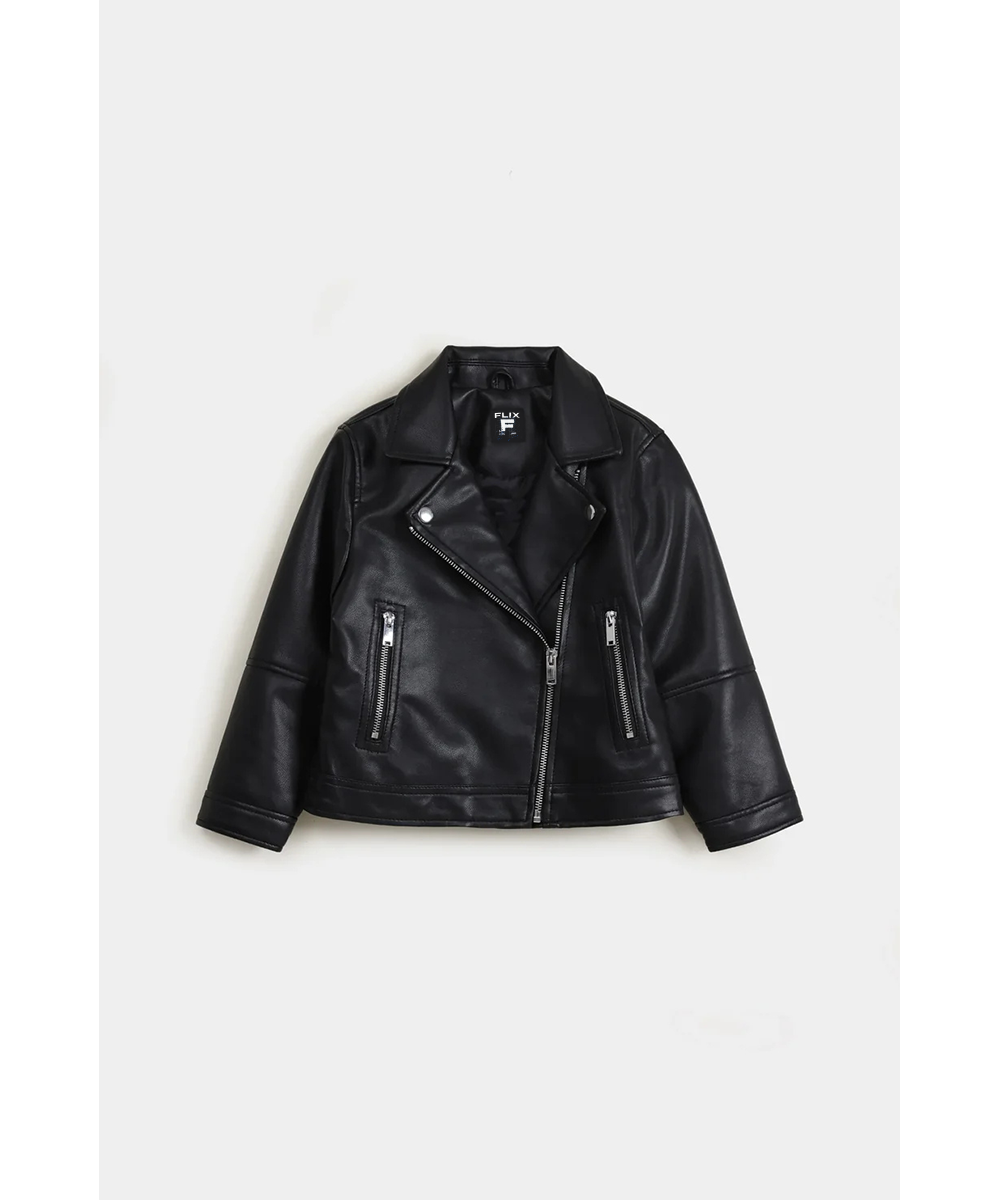 FLIX's Classic Black Faux Leather Biker Jacket – Moto Style with Zipper Details