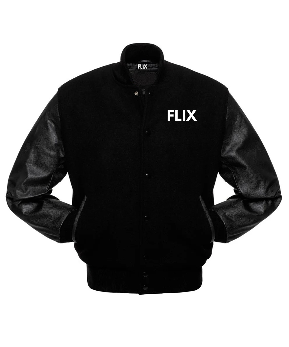 FLIX's Black Varsity Jacket with Leather Sleeves