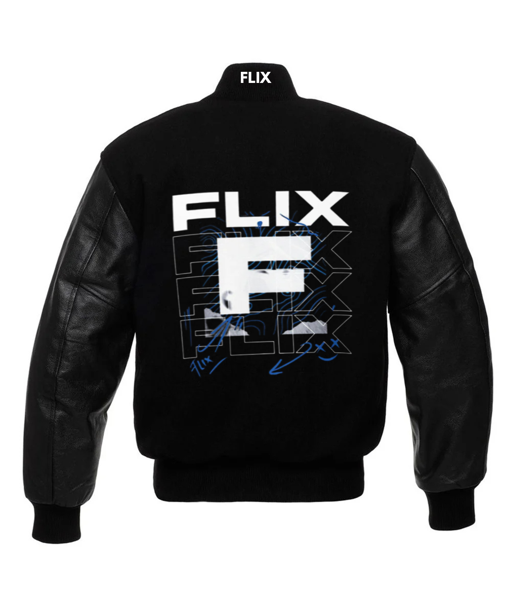 FLIX's Black Varsity Jacket with Leather Sleeves
