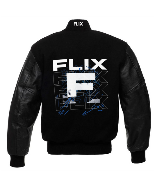 FLIX's Black Varsity Jacket with Leather Sleeves